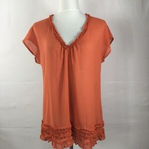 J Crew Cap Sleeve Semi Sheer V Neck Ruffle Detail Cotton Tunic Top Rust Size S